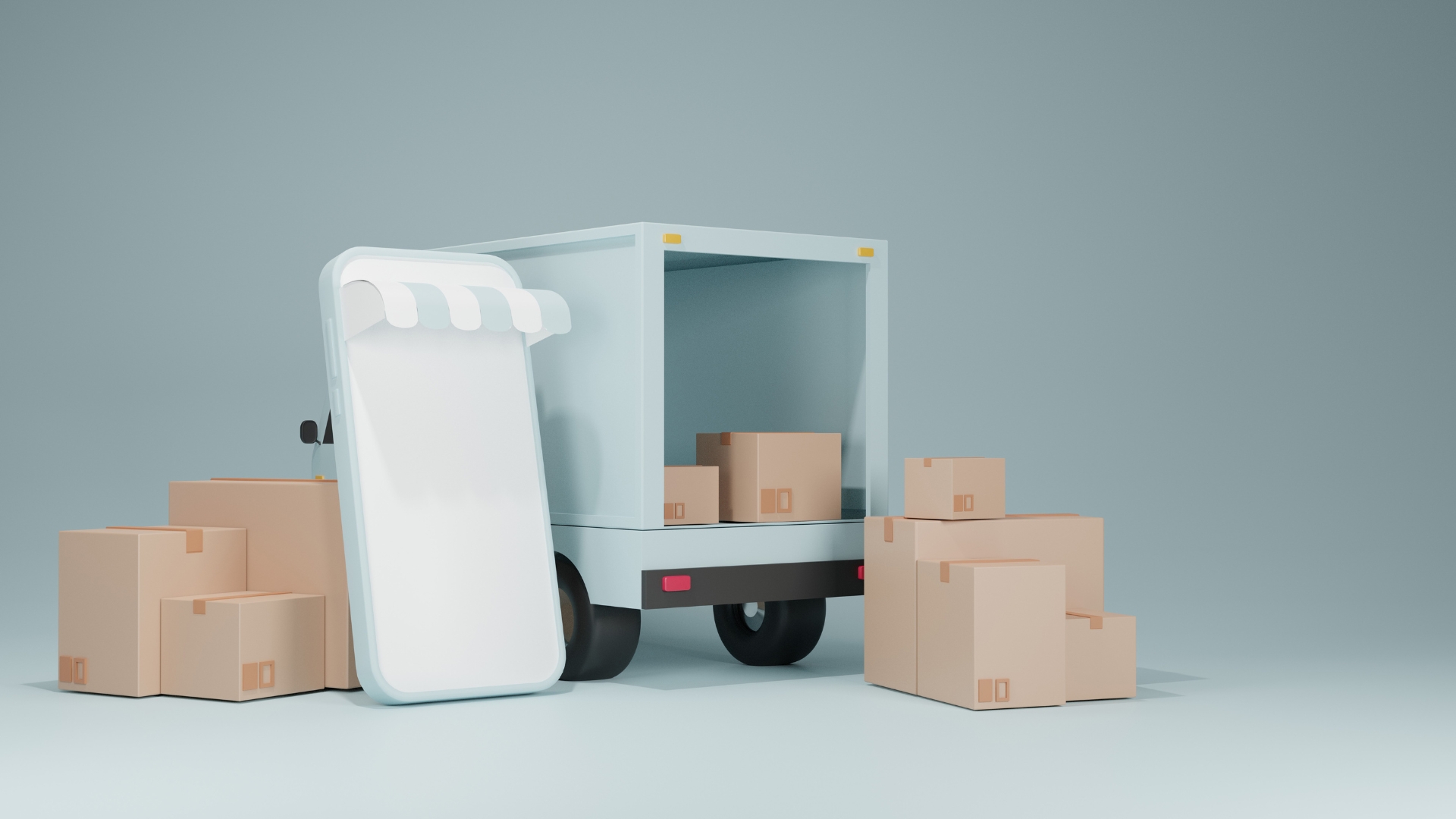From cart to doorstep: Master your eCommerce shipping game Matrix Internet Graphic of a delivery van surrounded by cardboard boxes, highlighting logistics and shipping in eCommerce