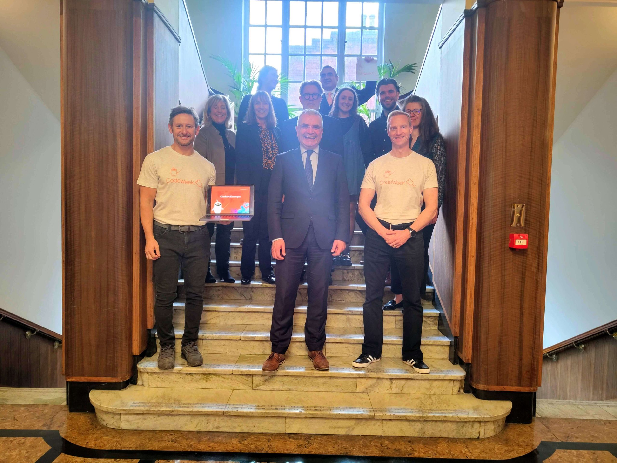 Minister backs 'vital' EU Code Week programme Matrix Internet Group photo at staircase of Irish Minister of State Dara Calleary with representatives of the Irish Code4Europe Consortium in Dublin