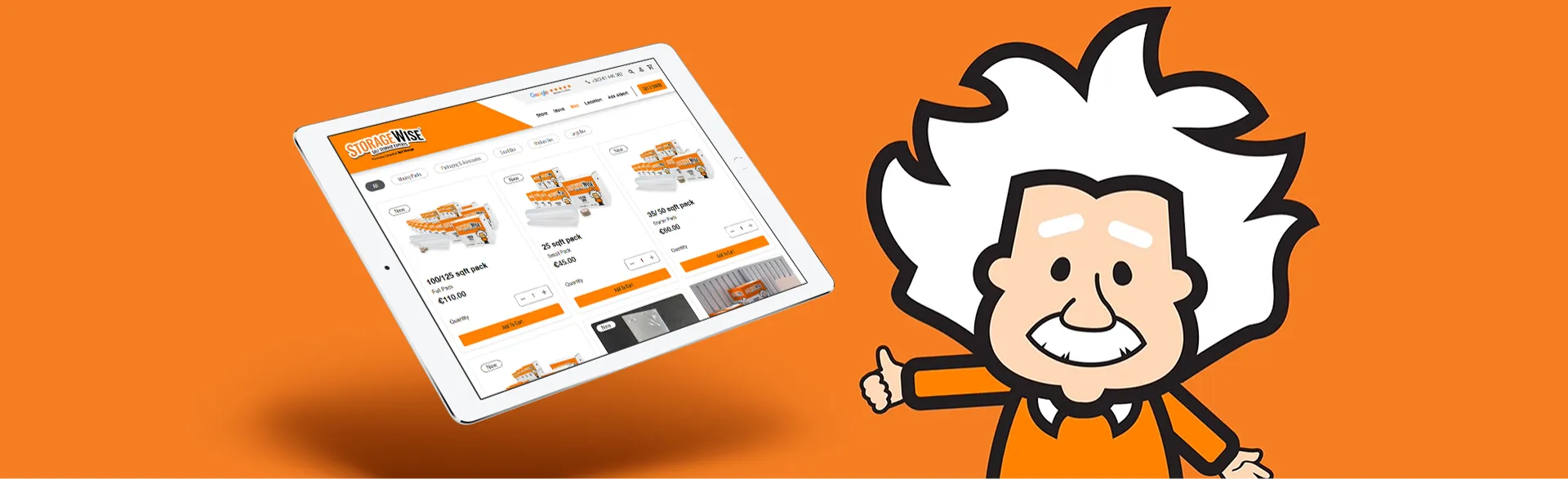 Cartoon Einstein with a Storage wise flyer
