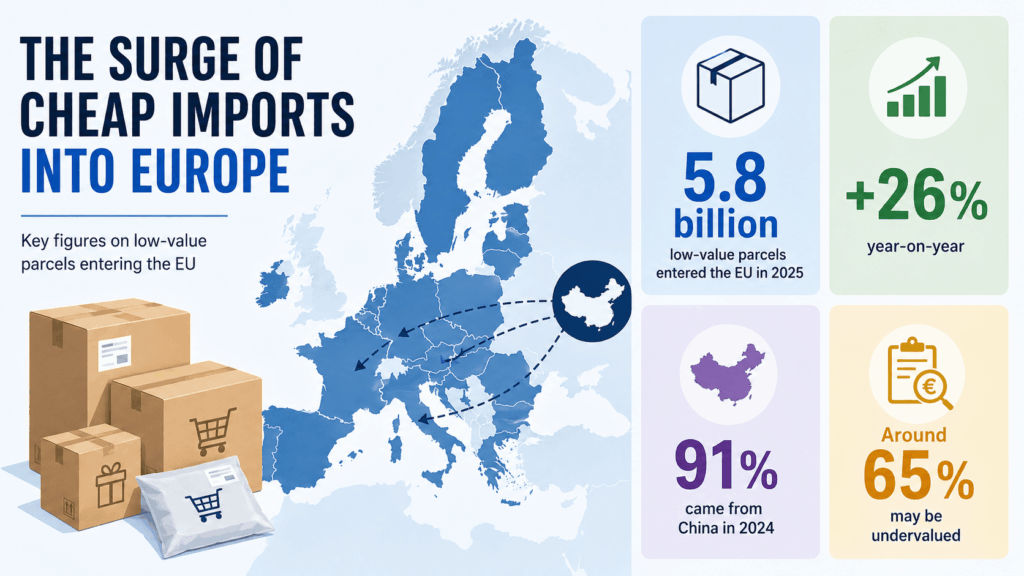 Europe is cracking down on ultra-cheap eCommerce parcels. What now for Irish SMEs? Matrix Internet Infographic showing low-value parcels entering the EU, growth in imports, share from China, and possible undervaluation