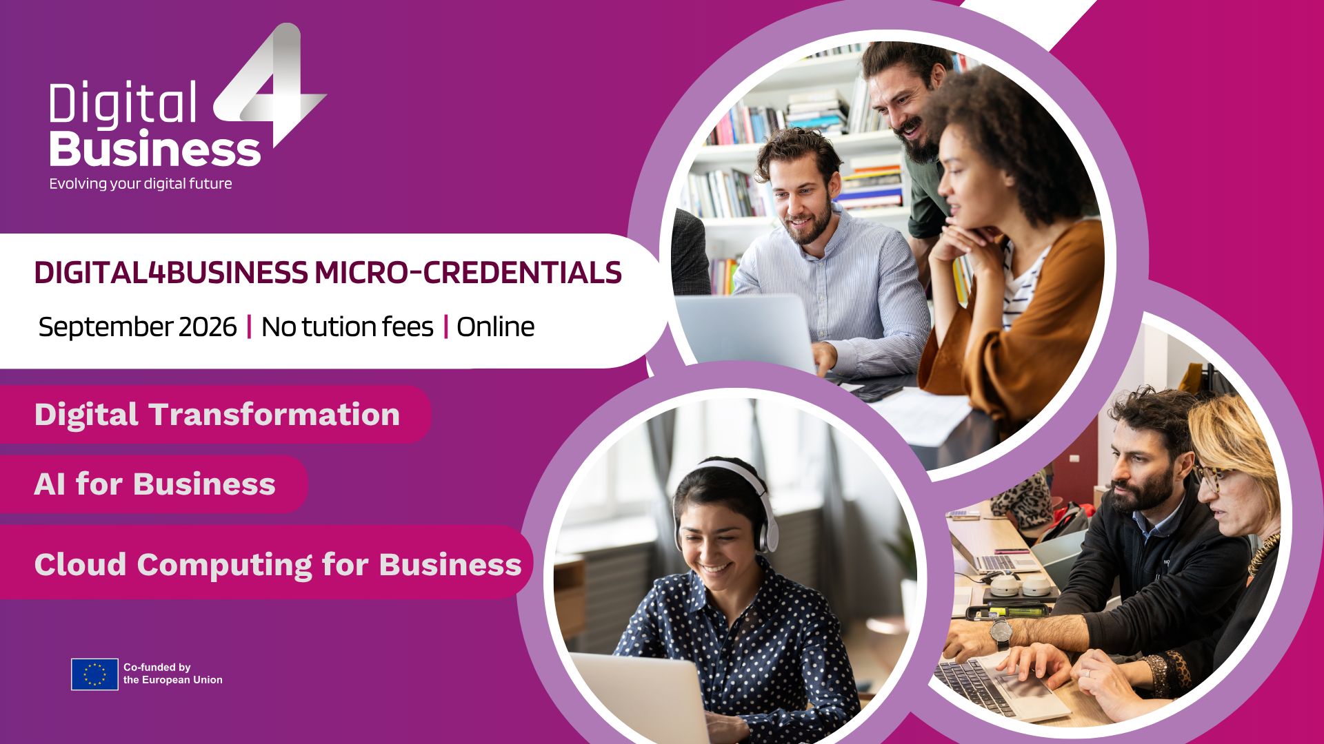 Why is ‘free’ a hard sell for funded campaigns? Matrix Internet Digital4Business campaign graphic showing online learners, no tuition fees and course areas including digital transformation, AI and cloud computing.