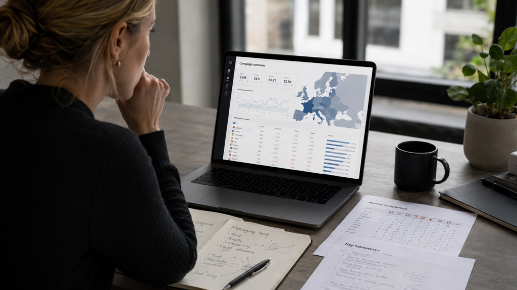 Why is ‘free’ a hard sell for funded campaigns? Matrix Internet A marketer reviews European campaign performance data on a laptop, with a map of Europe, charts and market comparison notes on the desk.