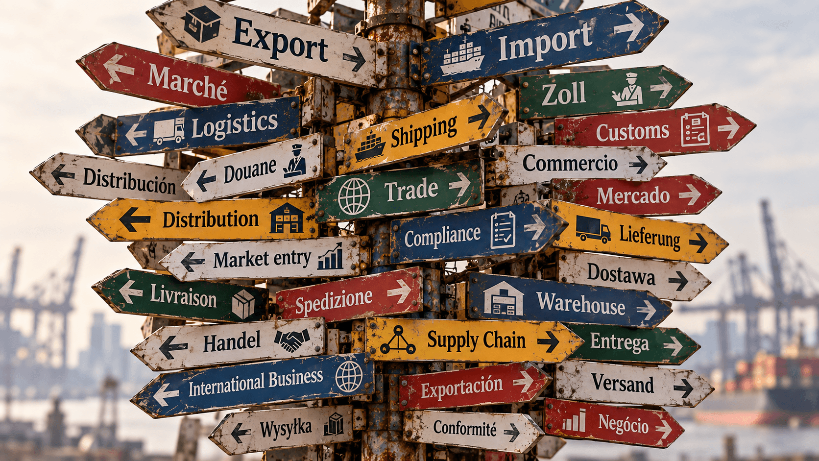 Weathered signpost with arrows in multiple languages pointing towards export, customs, logistics and international markets.